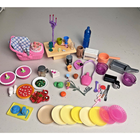 Barbie Doll Kitchen Accessories Miniature Food Dishes Picnic Cakes Utensils - Picture 1 of 14